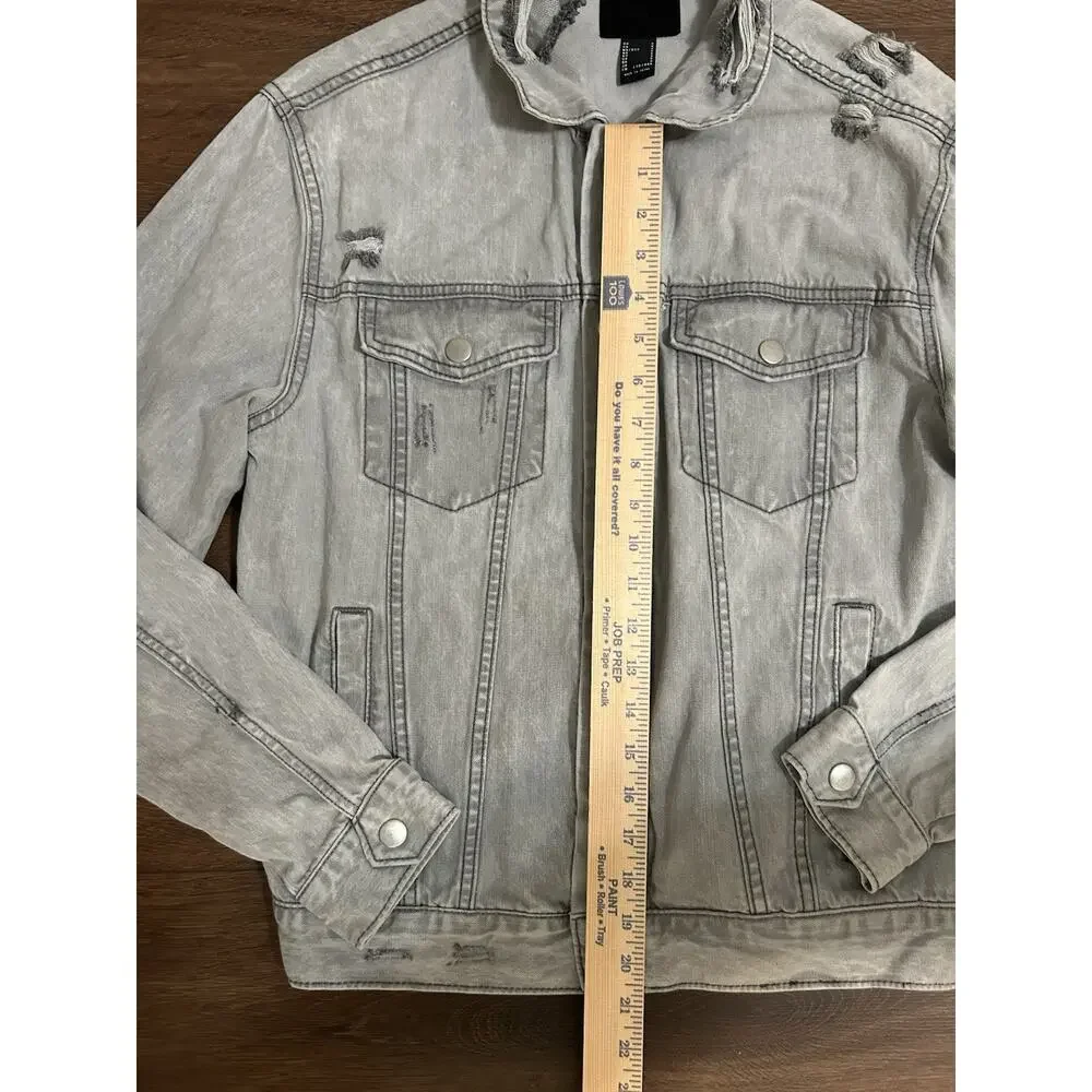 FOREVER 21 Mens Distressed Denim Jacket Light Gray Collared Pockets Size Small